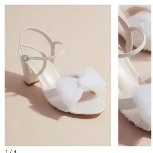 White pleated chiffon bow mid-heel sandals